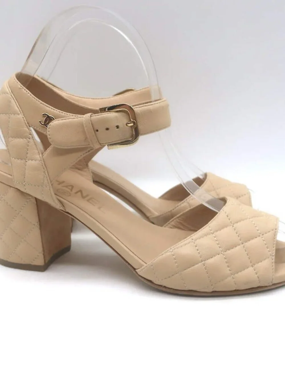 Chanel Quilted Lambskin Leather Ankle Strap Block Heel Sandals Beige Size 36.5